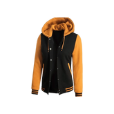 Women's Black & Yellow Hooded Varsity Bomber Jacket - Baseball Style
